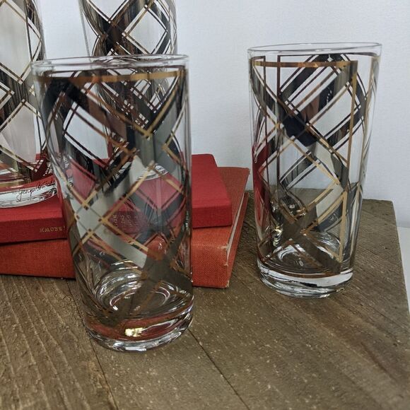 Georges Briard Silver and gold plaid criss cross tumblers collins glasses cockta - Picture 5 of 7